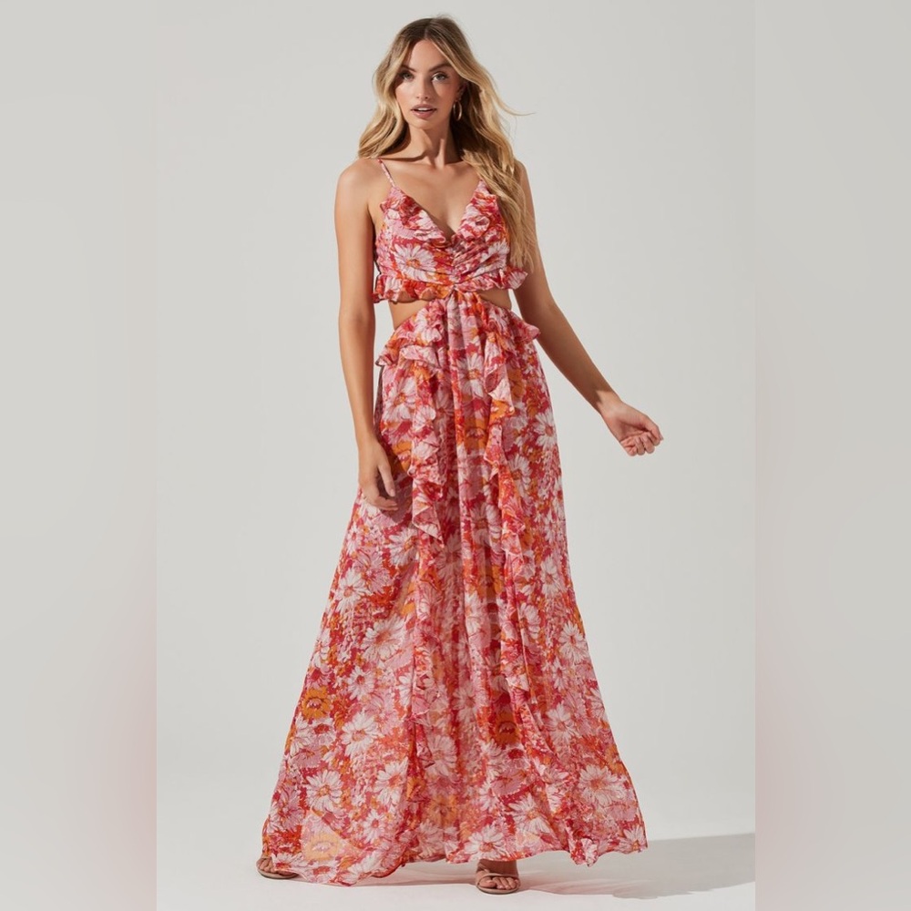 ASTR Floral Pink Orange Maxi Dress with Cutout Waist